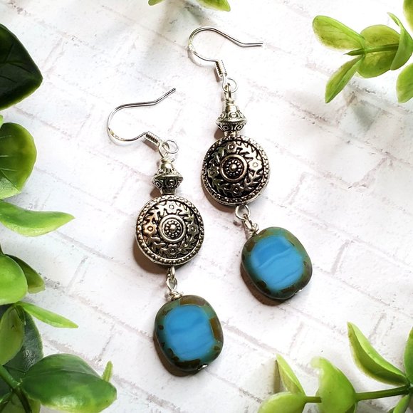 Hand Crafted Jewelry - Turquoise Czech Glass Bead Earrings Silver Medallion Dangles